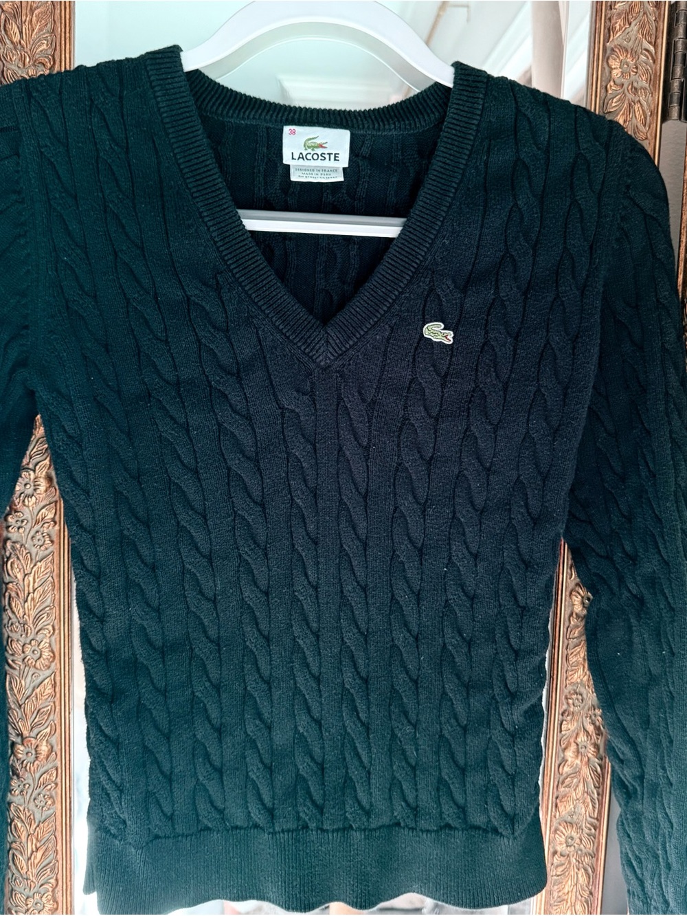 Vintage Y2K Lacoste Women’s Black Cable Knit V-Neck Sweater Size 38 F4781